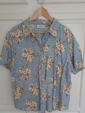 Vintage Lemon Grass 100% Cotton Light Blue Floral Short-Sleeve Shirt -